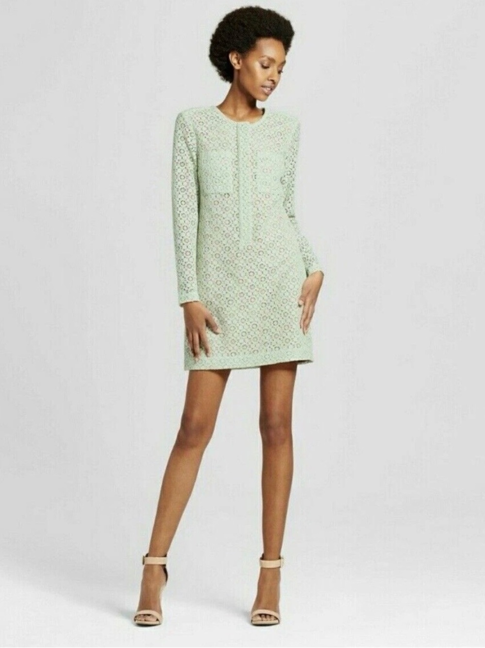 Victoria Beckham x Target Mint Green Lace Shift Dress Long Sleeve Knee Length S